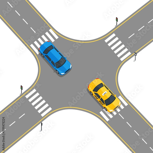 Busy intersection with blue car and yellow taxi, traffic lights, crosswalks