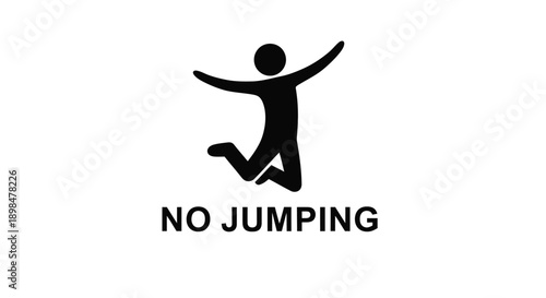 Black and white graphic icon clearly indicating a strict prohibition against jumping movement with associated warning text and an upward pointing arrow graphic symbol