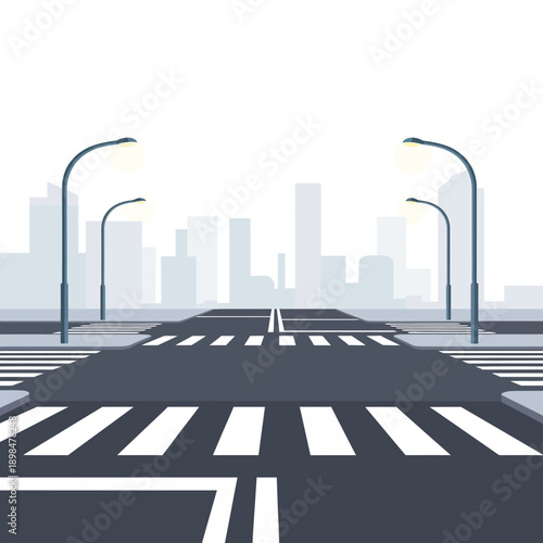 City street crossing with modern buildings and streetlights, urban landscape illustration