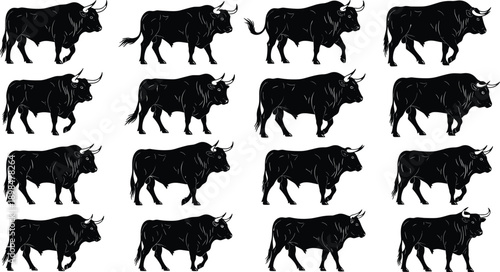 Powerful Black Bull Silhouette Collection Featuring Strong Male Cattle In Various Walking Poses For Spanish Matador Bullfighting Agriculture Farm And Ranching Industry Graphic Design