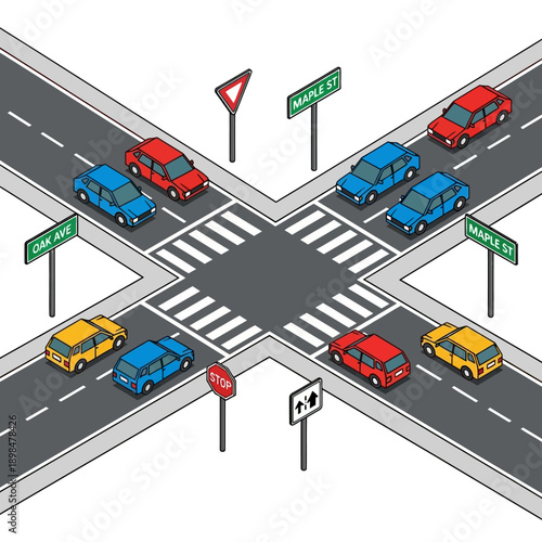 Isometric City Intersection with Cars and Traffic Signs