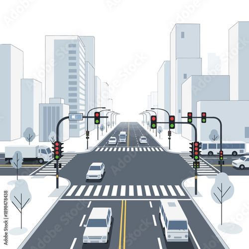City intersection with traffic lights and cars, urban streetscape, clean design