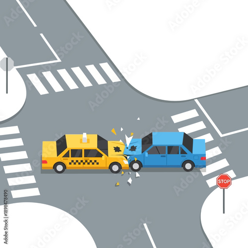 Car crash at intersection: taxi and blue car collide, traffic accident illustration