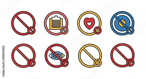 Collection of various prohibition icons displaying restrictions against common concepts like documents, love, shooting, and general bans in a clean minimalist graphic set