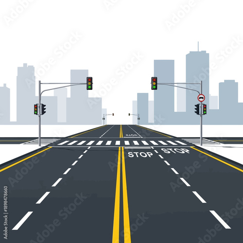 Empty city street with traffic lights and crosswalk, urban road perspective