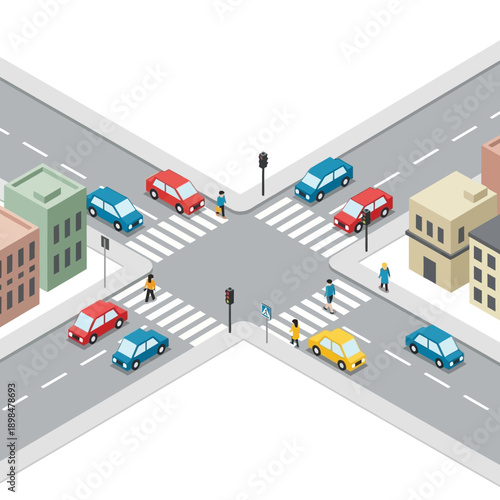Isometric City Street Intersection with Cars and Pedestrians