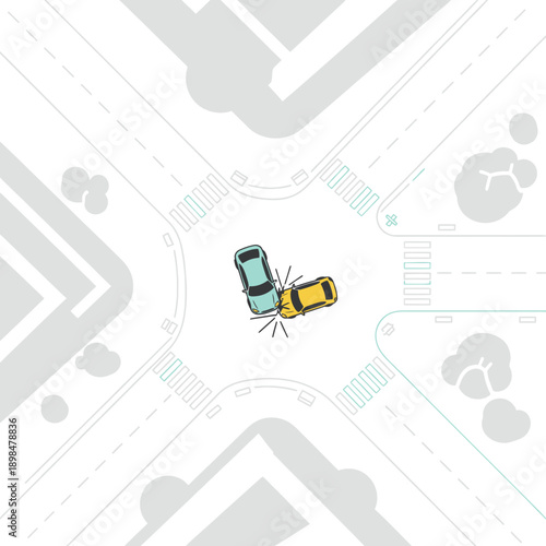 Aerial View Of Car Accident At Intersection, Road Safety Concept