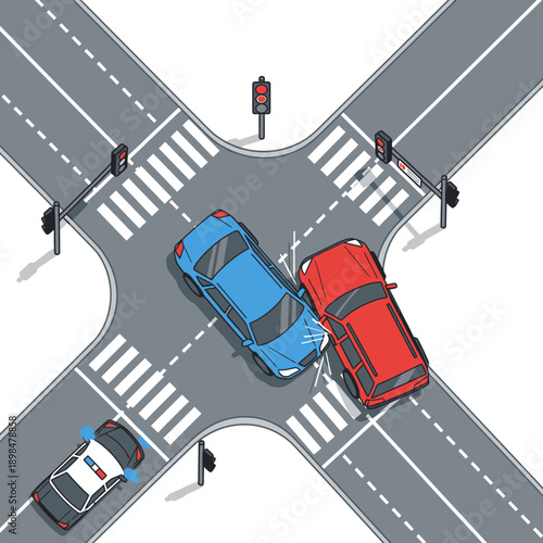 Car Accident at Intersection: Two Cars Collide, Police Car Arrives