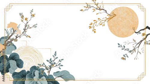 Decorative Golden Frame with Textured Moon, Branches, and Teal Leaves in Asian Style