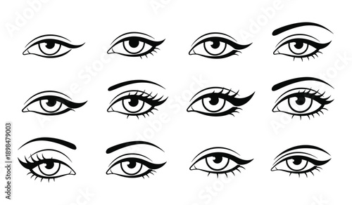 Collection of Diverse Black And White Eye Illustrations With Various Eyeliner Styles And Eyelashes eyes