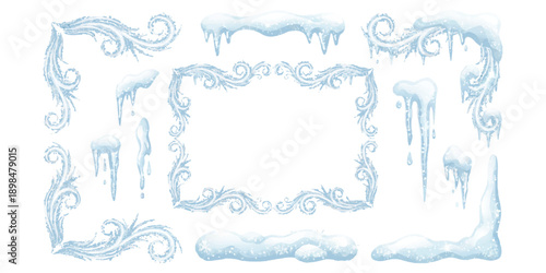 Decorative set of winter ice and snow frame borders with icicles vector illustration