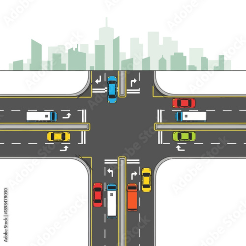Busy City Intersection with Traffic and Skyline