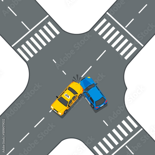 Car accident at intersection, two vehicles collided at crossroads