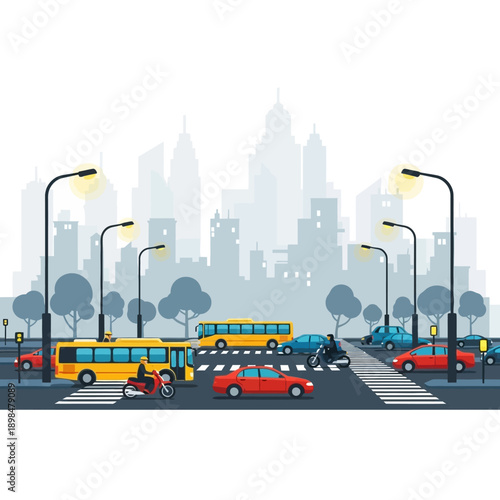 Busy City Intersection with Traffic, Cars, Buses, and Pedestrians Crossing