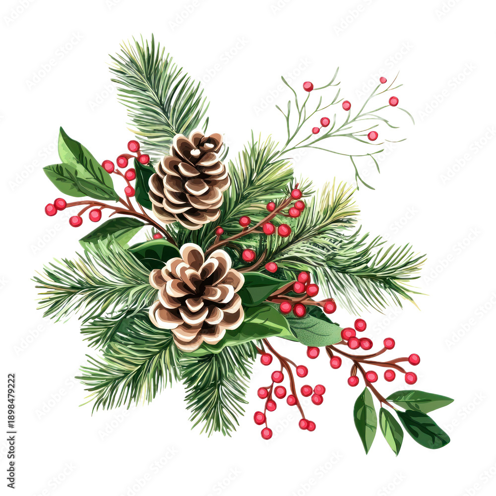 Fototapeta premium Christmas wreath with pine cones, holly berries, and evergreen branches.