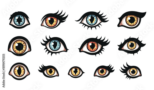 Assortment of Stylized Fantasy Eyes with Colorful Irises and Long Eyelashes vector illustration