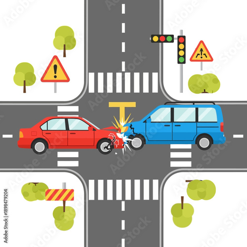 Car crash at intersection: red sedan and blue minivan collide at crosswalk, traffic lights, signs