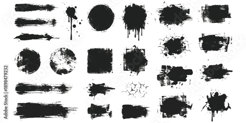Set of black grunge brush strokes, ink splatters, and distressed shapes for graphic design illustration