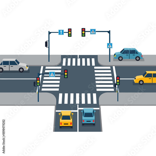 Busy Intersection with Traffic Lights and Cars, Crossroads, Urban Street Scene