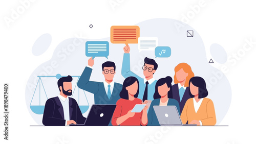 Diverse Team Collaborating on Legal Case with Laptops and Speech Bubbles