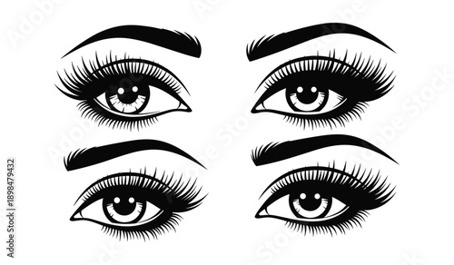 Close-up of Two Pairs of Glamorous Female Eyes with Long Eyelashes and Arched Eyebrows woman glamour