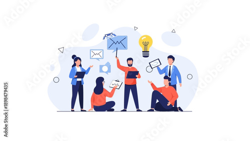 Diverse team collaborates on project with lightbulb idea and email icons