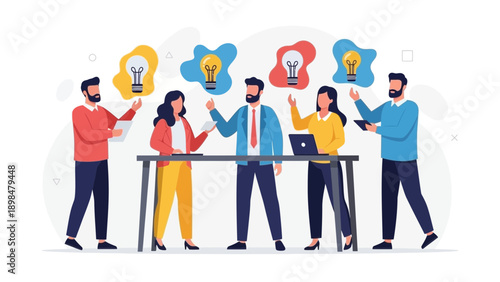 Diverse business team brainstorming innovative ideas, lightbulbs symbolizing creativity and solutions.