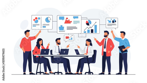 Business Team Collaborating on Project with Data Analytics and Charts