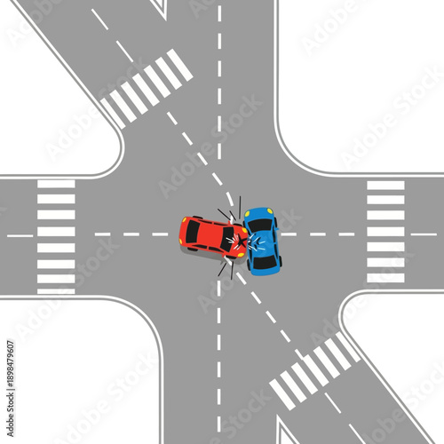 Car Accident at Intersection: Two Cars Collide at Crossroads with Pedestrian Crossings