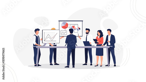Business Meeting: Team Presenting Growth Charts and Data Analysis on Screens