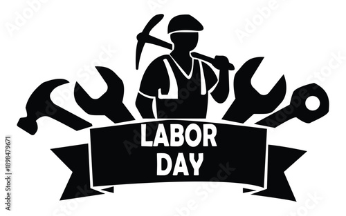 Labor day celebration with worker holding pickaxe and tools on ribbon