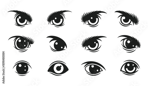 Diverse Collection of Black Stylized Eyes and Gaze Expressions on White Background black and white illustration