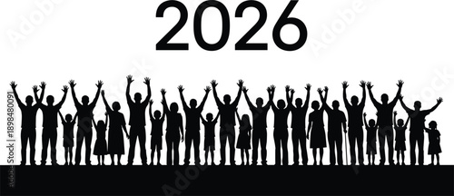 2026 celebration banner with happy crowd silhouettes raising hands, community unity and family togetherness concept illustration isolated on white background for new year events