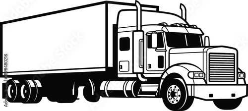 Black and white semi truck trailer illustration showing heavy duty freight transport vehicle, logistics delivery concept, commercial trucking industry, cargo transportation, and highway haulage design