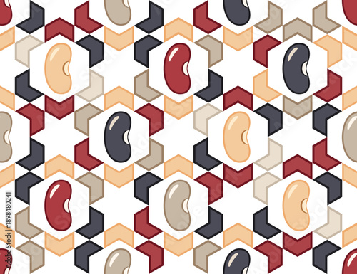 Seamless geometric pattern of kidney beans on hexagonal grid. Minimalist vector icons, flat design on transparent background. Perfect for food packaging, organic labels, textile prints.