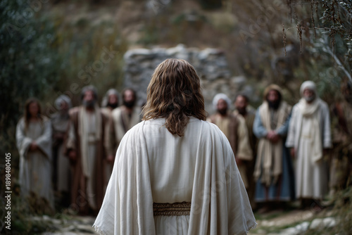 Jesus Christ seen from behind addressing his followers, symbolizing Easter faith, spiritual leadership, devotion, resurrection, and a biblical moment of teaching and belief.