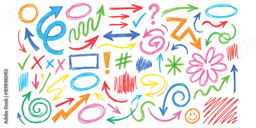 Colorful hand drawn doodle elements collection with arrows and scribbles in crayon style vector illustration