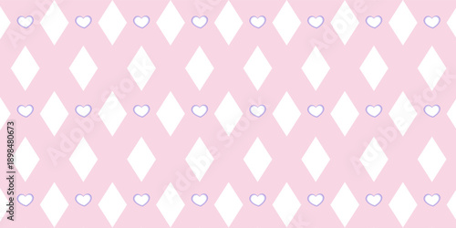 Gingham heart diagonal seamless pattern in pink pastel color. Vichy plaid design for Easter holiday textile decorative. Vector checkered pattern for fabric - picnic blanket, tablecloth, dress, napkin.