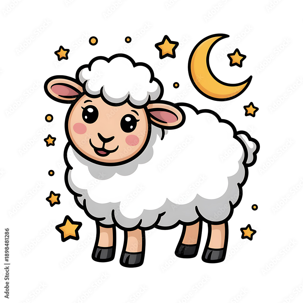 Obraz premium Cartoon sheep standing under stars and moon lamb white fluffy