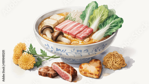 delicious bowl of ramen with meat and vegetables and flowers