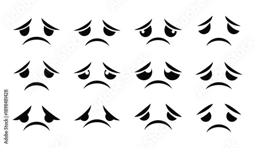 Twelve Black and White Sad and Angry Cartoon Face Expressions vector illustration