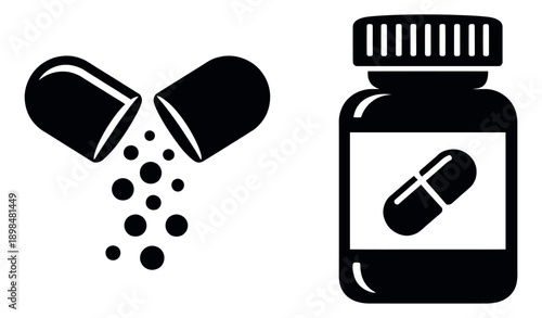 Graphic icon medical set featuring an open pill capsule and a medication bottle for healthcare design