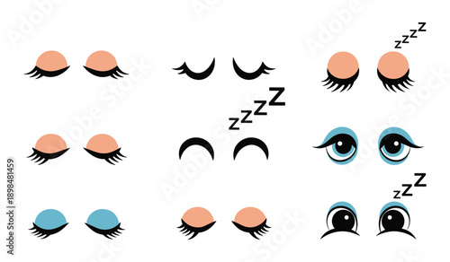 Cute Cartoon Eyes and Sleeping Zzz Symbols on White Background whisk