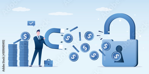 Unlock wealth. Businessman uses magnet to suck money from opened padlock. Making money. Investor attract money from keyhole.