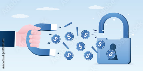 Unlock wealth. Businessman uses magnet to suck money from opened padlock. Making money. Human hand attract money from keyhole. Effective financial management,