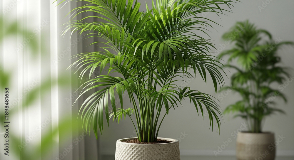 Obraz premium Two green potted plants in a modern interior setting with sunlight