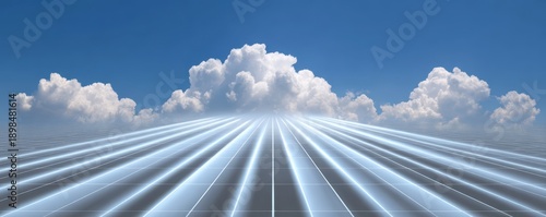 A surreal landscape featuring a grid extending towards fluffy clouds under a clear blue sky, conveying a sense of depth and infinity.