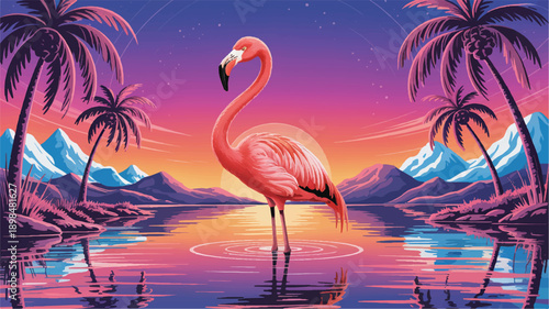 flamingo standing in water with palm trees and mountains in background at sunset