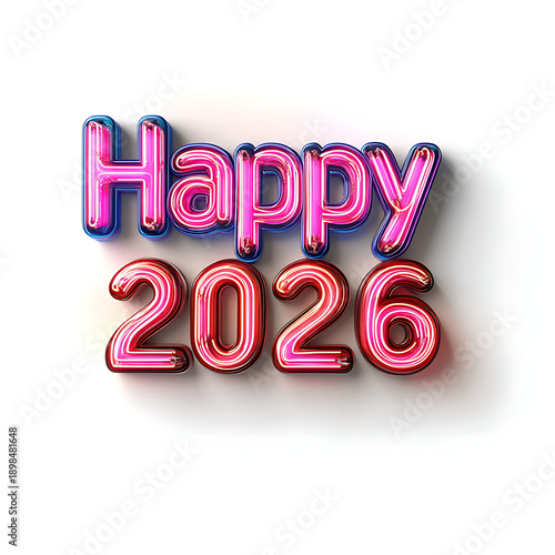 Colorful 3D Neon Text Design Celebrating Happy New Year 2026 with Light Effects and Vibrant Hues