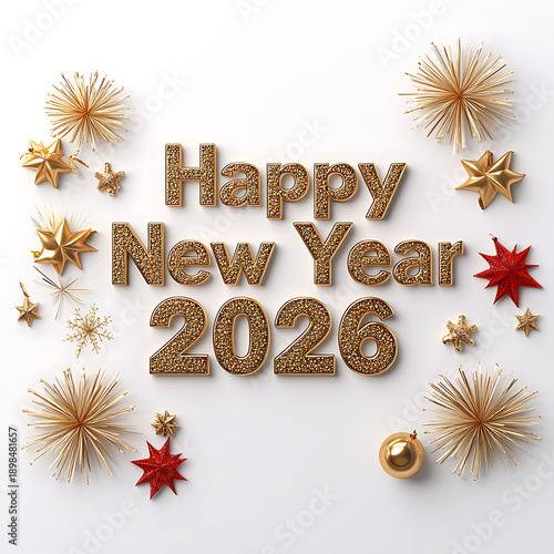Glittering Happy New Year 2026 Celebration with Decorative Elements and Stars on a White Background